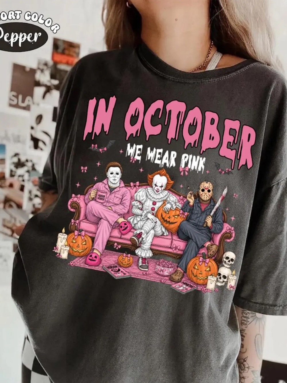 Comfort Colors Pepper Tee with Pink Halloween Graphic
